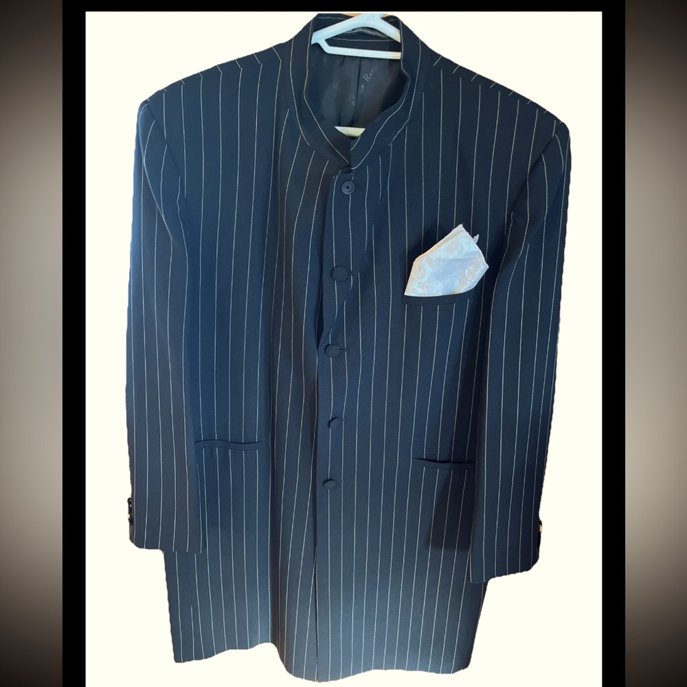90s black striped blazer John Raphael sz 44/38 LONG FORMAL hiphop button Jacket
